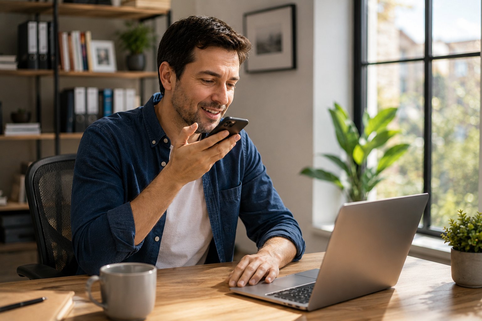 Entspannter Mann spricht ins Smartphone