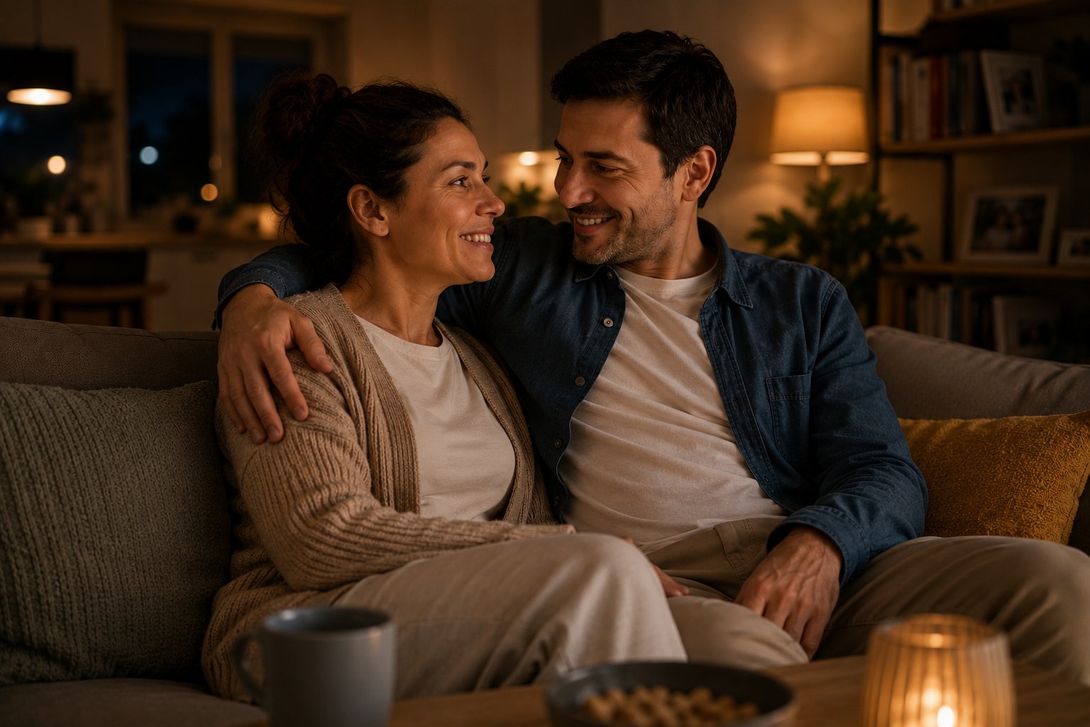 Entspanntes Paar auf Sofa, warmes Abendlicht